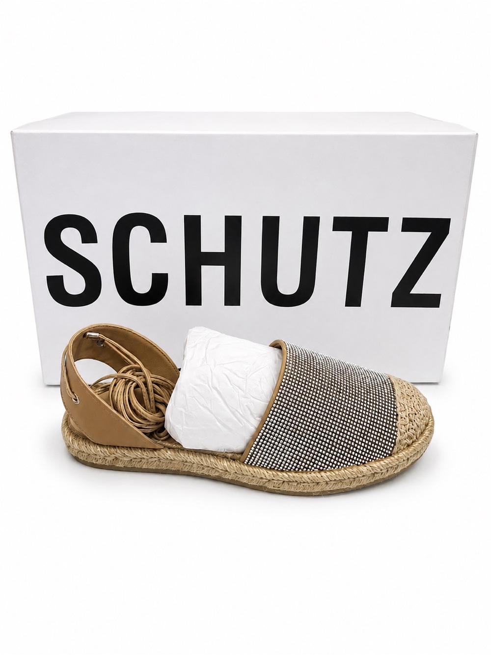 SCHUTZ Celinah Glitter Ankle Tie Espadrille Sandal with Rhinestone Front NIB